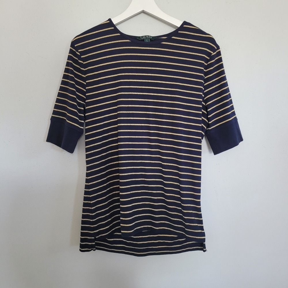 LAUREN Ralph Lauren Top Womens Size XL Blue Gold Stripe Short Sleeve Round Neck